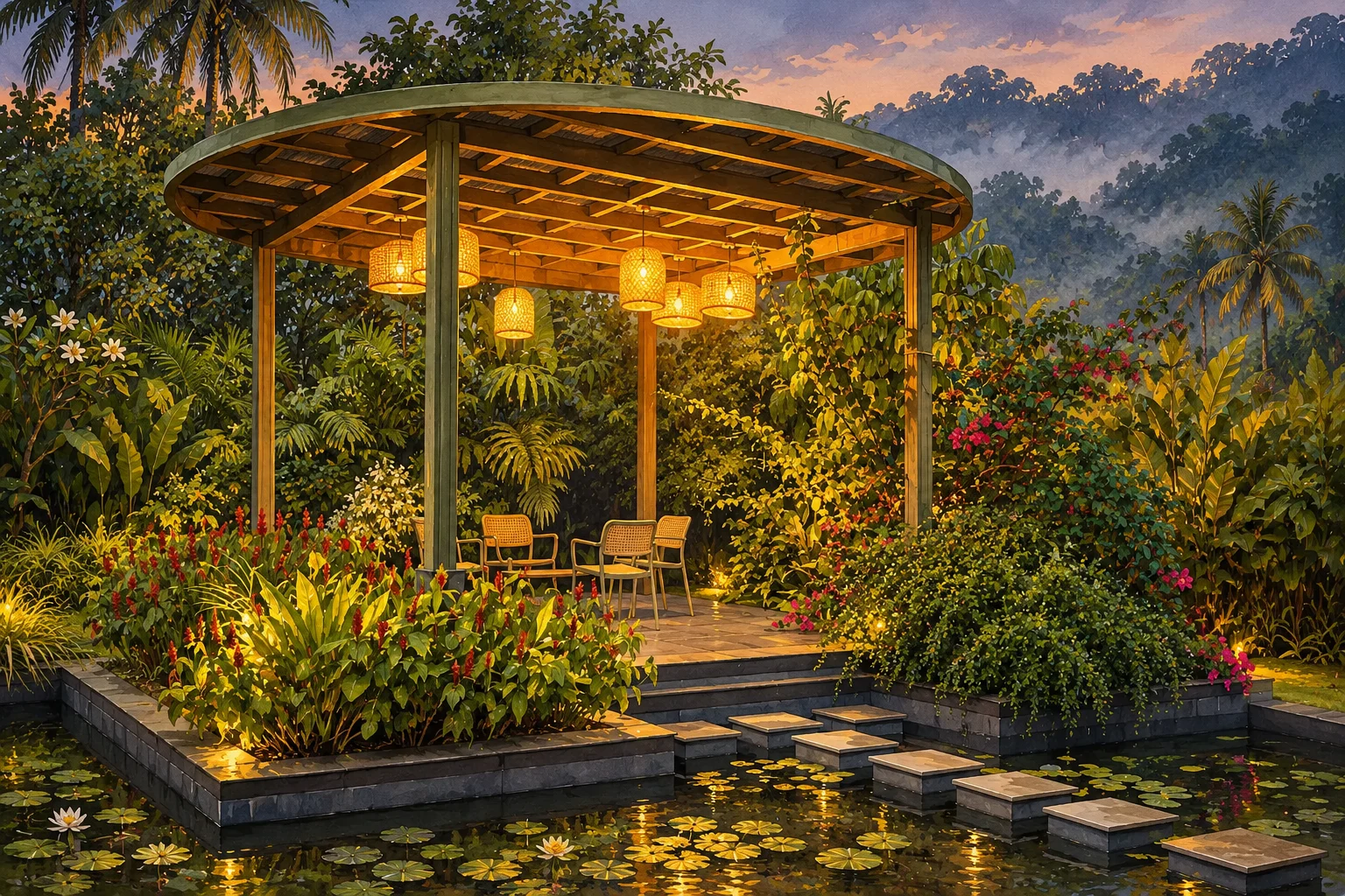 Illustrated Chempaka garden pavilion with glowing lanterns, tropical greenery and a lily pond at dusk