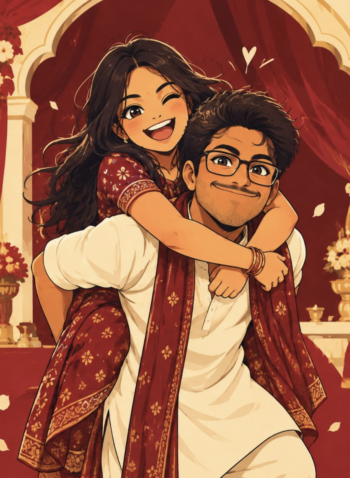 Illustration of a smiling couple sharing a playful piggyback ride beneath a floral arch