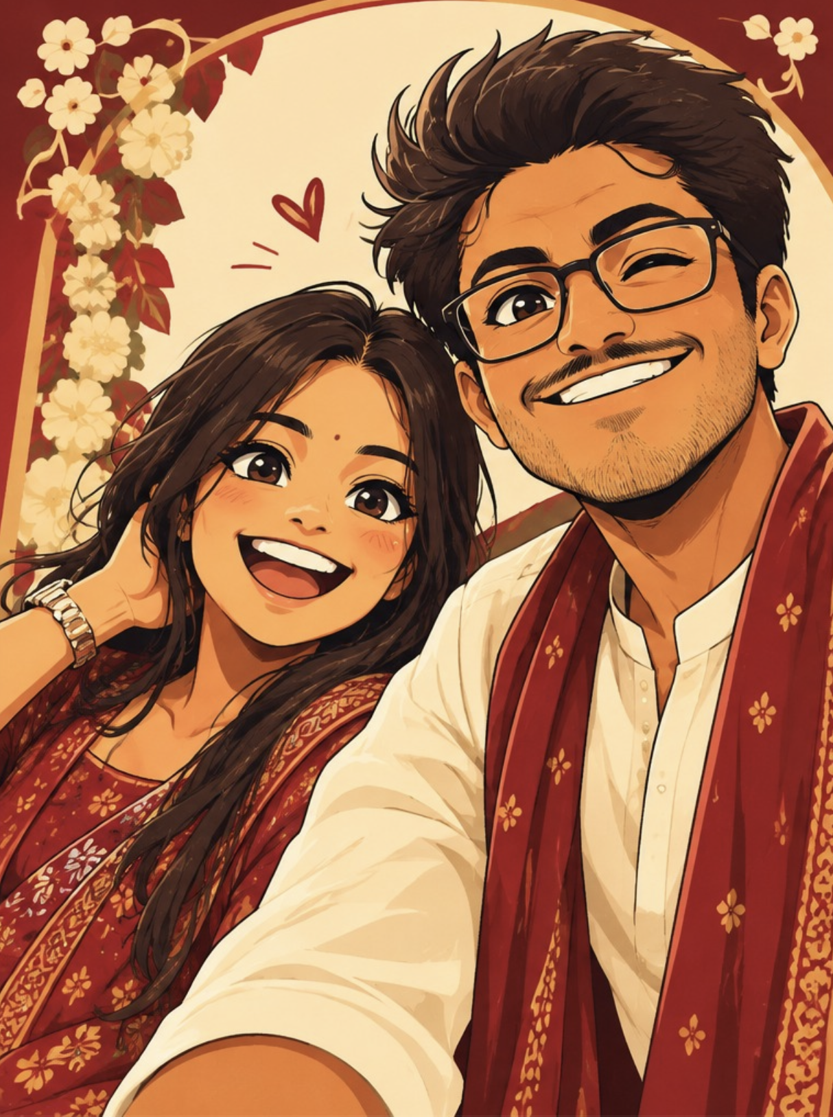 Illustration of a smiling couple taking a selfie in burgundy and ivory attire