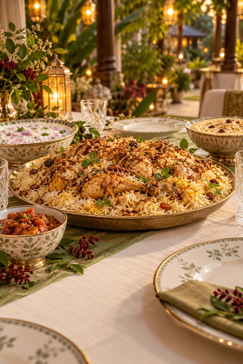Malabar wedding biryani and accompaniments at a lantern-lit garden reception table